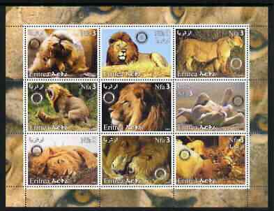 Eritrea 2003 Lions perf sheetlet containing set of 9 values each with Rotary Logo unmounted mint, stamps on animals, stamps on rotary, stamps on cats, stamps on lions