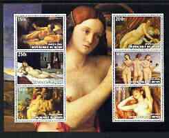 Benin 2003 Famous Paintings of Nudes perf sheetlet containing 6 values unmounted mint (shows works by Rubens, Titian, Rembrandt, Raphael, Renoir & Tintoretto), stamps on arts, stamps on nudes, stamps on renaissance