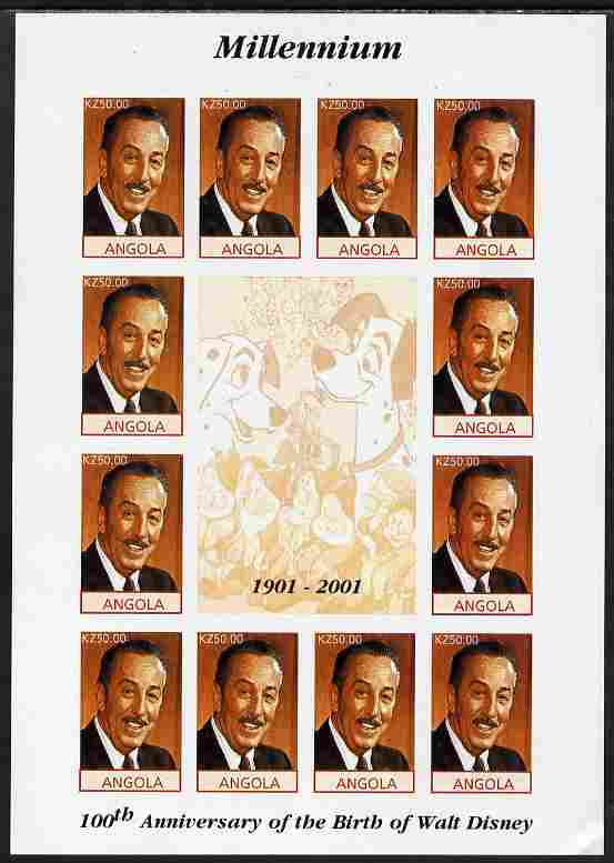 Angola 2001 Centenary of Walt Disney imperf sheetlet containing 12 values plus 4 labels unmounted mint, corner wrinkled, stamps on , stamps on  stamps on personalities, stamps on  stamps on disney, stamps on  stamps on films, stamps on  stamps on cinema, stamps on  stamps on movies, stamps on  stamps on dogs