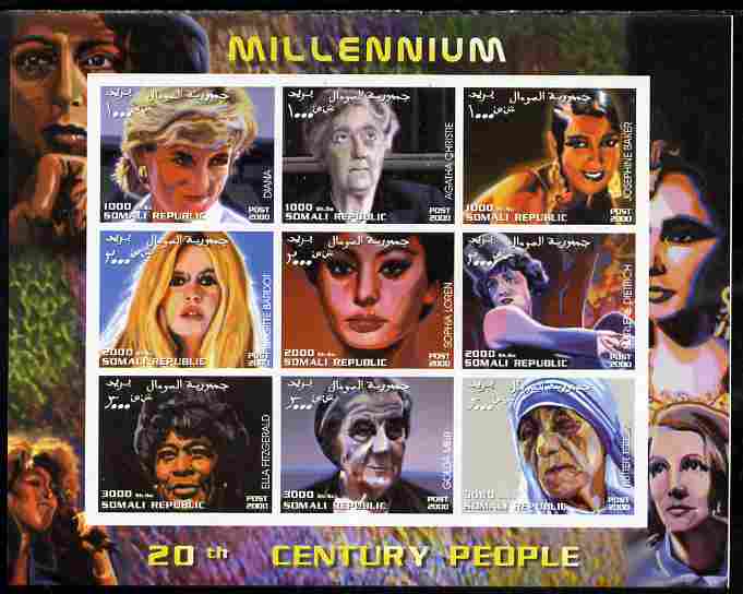 Somalia 2000 Millennium - 20th Century People #3 imperf sheetlet containing set of 9 values unmounted mint. Note this item is privately produced and is offered purely on its thematic appeal, stamps on , stamps on  stamps on personalities, stamps on  stamps on women, stamps on  stamps on diana, stamps on  stamps on royalty, stamps on  stamps on human rights, stamps on  stamps on peace, stamps on  stamps on nobel, stamps on  stamps on teresa, stamps on  stamps on films, stamps on  stamps on movies, stamps on  stamps on cinema, stamps on  stamps on music, stamps on  stamps on jazz, stamps on  stamps on judaica, stamps on  stamps on judaism, stamps on  stamps on 