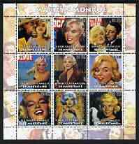 Mauritania 2003 Marilyn Monroe perf sheetlet containing 9 values unmounted mint , stamps on films, stamps on cinema, stamps on entertainments, stamps on women, stamps on marilyn monroe, stamps on personalities