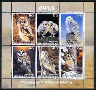 Benin 2003 Owls #1 perf sheetlet containing 6 values unmounted mint, stamps on , stamps on  stamps on birds, stamps on  stamps on birds of prey, stamps on  stamps on owls