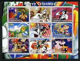 Tadjikistan 2002 Looney Tunes Merry Christmas perf sheetlet containing 9 values unmounted mint, stamps on , stamps on  stamps on films, stamps on  stamps on movies, stamps on  stamps on cartoons, stamps on  stamps on entertainments, stamps on  stamps on christmas, stamps on  stamps on golf