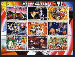 Kyrgyzstan 2002 Looney Tunes Merry Christmas #2 perf sheetlet containing 9 values unmounted mint, stamps on films, stamps on movies, stamps on cartoons, stamps on entertainments, stamps on christmas, stamps on playing cards