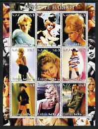 Eritrea 2002 Brigitte Bardot perf sheetlet containing 9 values unmounted mint, stamps on , stamps on  stamps on personalities, stamps on  stamps on entertainments, stamps on  stamps on films, stamps on  stamps on cinema, stamps on  stamps on women