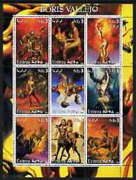 Eritrea 2002 Fantasy Art of Boris Vallejo perf sheetlet containing 9 values unmounted mint, stamps on arts, stamps on nudes, stamps on women, stamps on fantasy