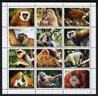 Kalmikia Republic 2001 Monkeys perf sheetlet containing set of 12 values unmounted mint, stamps on , stamps on  stamps on animals, stamps on  stamps on apes