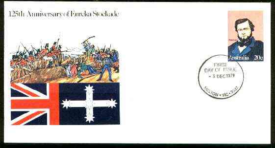 Australia 1981 Eureka Stockade 20c postal stationery envelope with Special first day cancellation, stamps on gold, stamps on militaria
