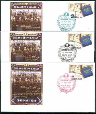 Australia 1988 Philatelic Soc of S Australia 39c postal stationery envelope x 3 each with special illustrated cancellations for Stampex (28 Oct in green, 29 Oct in black & 30 Oct in red), stamps on postal, stamps on stamp on stamp, stamps on stamponstamp