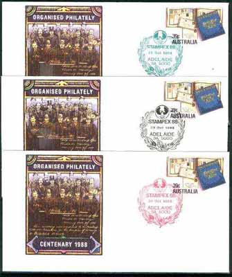 Australia 1988 Philatelic Soc of S Australia 39c postal stationery envelope x 3 each with special illustrated cancellations for Stampex (28 Oct in green, 29 Oct in black & 30 Oct in red), stamps on , stamps on  stamps on postal, stamps on stamp on stamp, stamps on  stamps on stamponstamp