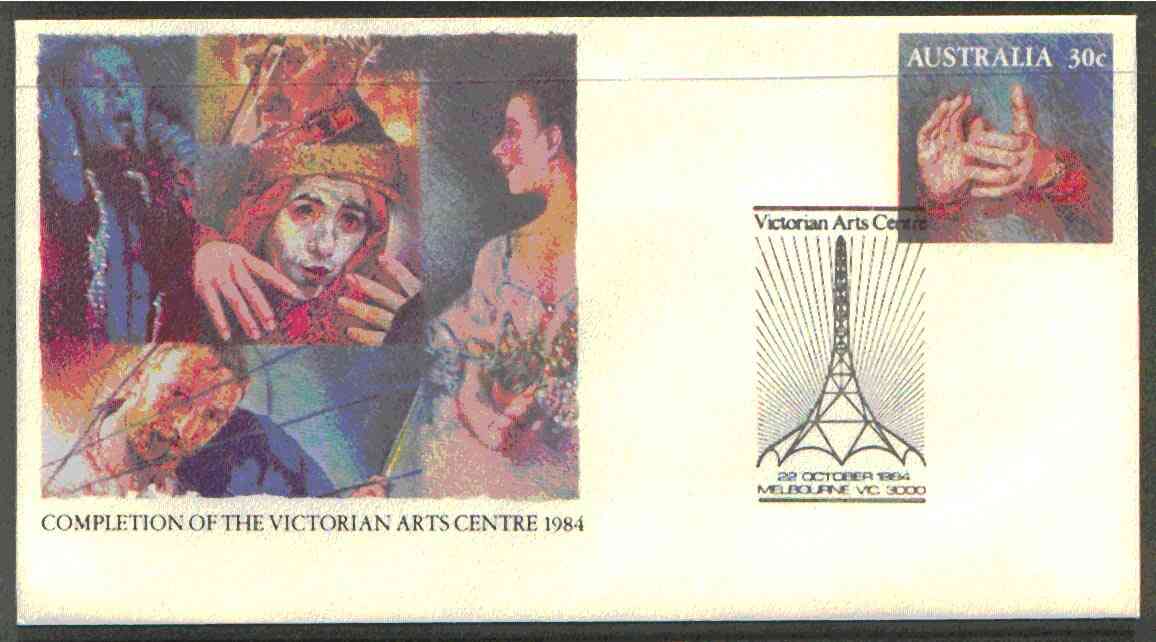 Australia 1984 Completion of Victorian Arts Centre 30c postal stationery envelope with special illustrated first day cancellation, stamps on , stamps on  stamps on theatre     entertainments