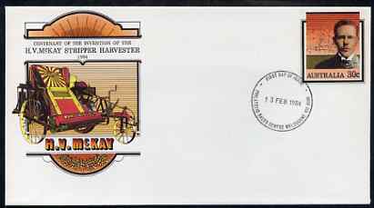 Australia 1984 Centenary of McKay's Invention of the Stripper Harvester 30c postal stationery envelope with first day cancellation, stamps on , stamps on  stamps on farming    agriculture      inventors