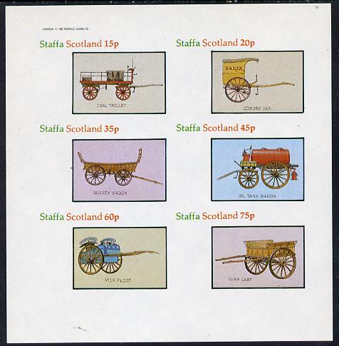 Staffa 1982 Horse Drawn Wagons (Coal Trolley, Oil Tank, Milk Float, etc) imperf set of 6 values (15p to 75p) unmounted mint, stamps on , stamps on  stamps on minerals, stamps on  stamps on  oil , stamps on  stamps on transport   food     drink    horse-drawn, stamps on  stamps on horses