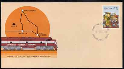 Australia 1980 Tarcoola-Alice Springs Railway 22c postal stationery envelope with first day cancellation, stamps on railways