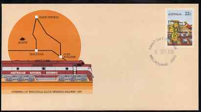 Australia 1980 Tarcoola-Alice Springs Railway 22c postal stationery envelope with first day cancellation, stamps on , stamps on  stamps on railways