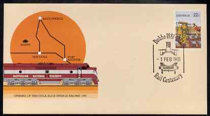 Australia 1980 Tarcoola-Alice Springs Railway 22c postal stationery envelope with special illustrated Dubbo Rail Centenary cancellation, stamps on , stamps on  stamps on railways