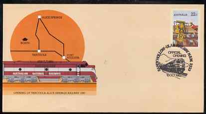 Australia 1980 Tarcoola-Alice Springs Railway 22c postal stationery envelope with special illustrated Sandy Hollow-Ulan Railway Opening cancellation, stamps on railways