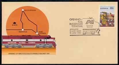 Australia 1980 Tarcoola-Alice Springs Railway 22c postal stationery envelope with special illustrated Opening of Adelaide Rail Passenger Terminal cancellation, stamps on railways