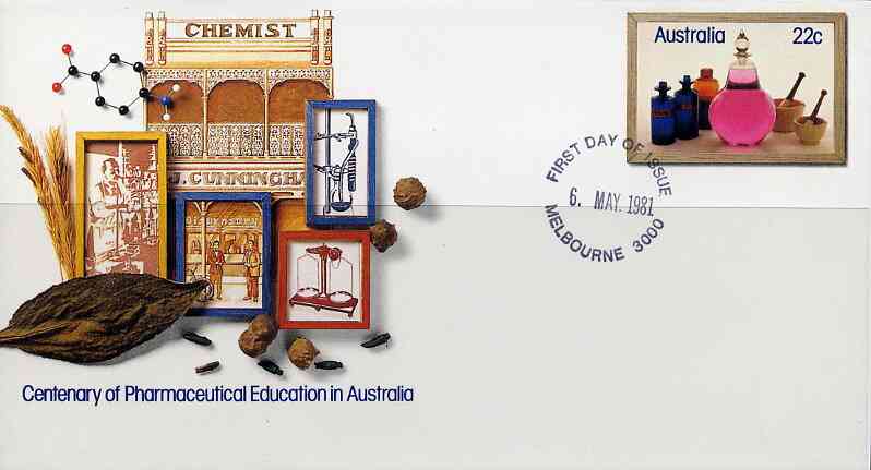 Australia 1981 Centenary of Pharmaceutical Education 22c postal stationery envelope with first day cancellation, stamps on , stamps on  stamps on medical     drugs