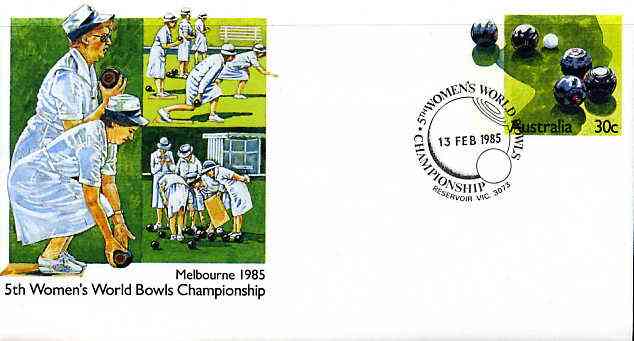 Australia 1985 5th women's World Bowls Championships 30c postal stationery envelope with special illustrated first day cancellation, stamps on bowls     women       sport
