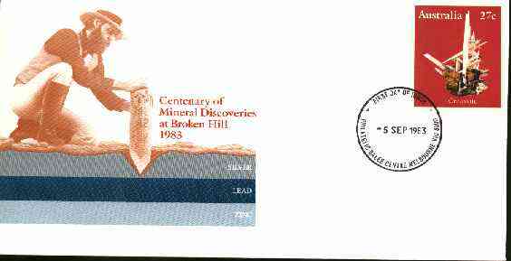 Australia 1983 Centenary of Mineral Discoveries 27c postal stationery envelope with first day cancellation, stamps on , stamps on  stamps on mining, stamps on  stamps on minerals