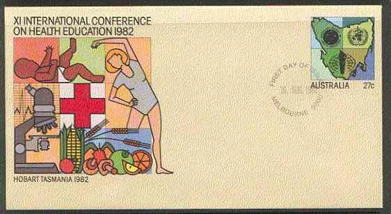 Australia 1982 International Conference on Health Education 27c postal stationery envelope with first day cancellation, stamps on health    medical      microscopes    fruit     maps, stamps on chemistry