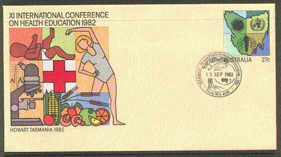 Australia 1982 International Conference on Health Education 27c postal stationery envelope with special illustrated 'Western Pacific Orthopaedic Association' cancellation, stamps on health    medical      microscopes    fruit     maps, stamps on chemistry