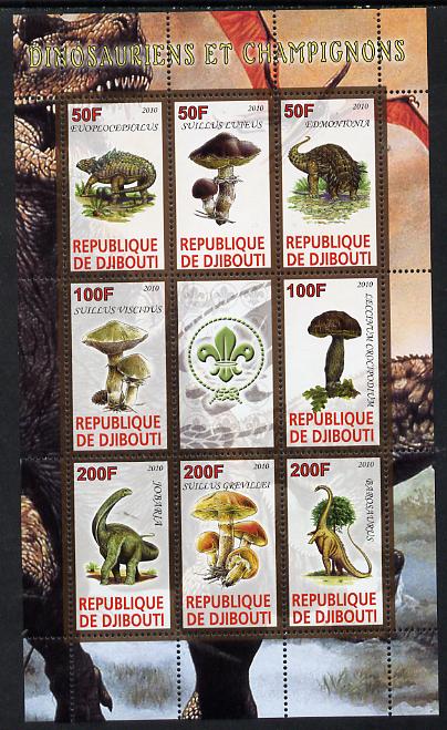 Djibouti 2010 Dinosaurs & Mushrooms #1 perf sheetlet containing 8 values plus label with Scout logo unmounted mint, stamps on dinosaurs, stamps on fungi, stamps on scouts