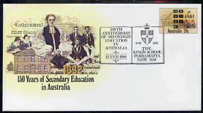 Australia 1982 150 years of Secondary Education 24c postal stationery envelope with special illustrated Kings School first day cancellation, stamps on education      heraldry, stamps on arms