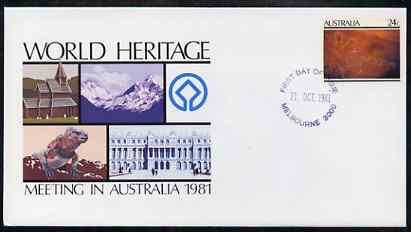 Australia 1981 World Heritage Meeting 24c postal stationery envelope with first day cancellation, stamps on heritage, stamps on culture, stamps on mountains  