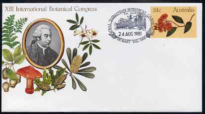 Australia 1981 International Botanical Congress 24c postal stationery envelope with special illustrated Hobart first day cancellation, stamps on flowers, stamps on fungi