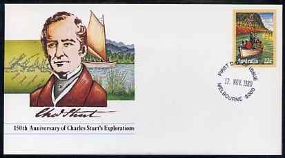 Australia 1980 Anniversary of Charles Stuarts Exploration 22c postal stationery envelope with first day cancellation, stamps on explorers