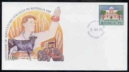 Australia 1983 Centenary of Agricultural Colleges 27c postal stationery envelope with first day cancellation, stamps on , stamps on  stamps on agriculture    farming     tractors    bovine    cattle