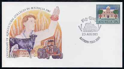 Australia 1983 Centenary of Agricultural Colleges 27c postal stationery envelope with special illustrated 'Ag Quip' first day cancellation, stamps on agriculture    farming     tractors    bovine    cattle