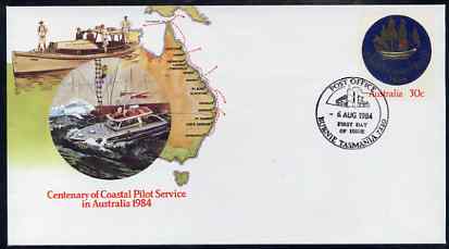 Australia 1984 Centenary of Coastal Pilot Service 30c postal stationery envelope with first day cancellation, stamps on ships, stamps on navigation     