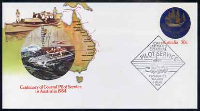 Australia 1984 Centenary of Coastal Pilot Service 30c postal stationery envelope with special illustrated first day cancellation, stamps on ships, stamps on navigation