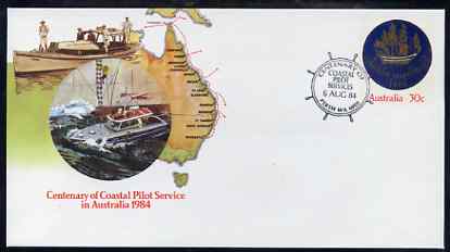 Australia 1984 Centenary of Coastal Pilot Service 30c postal stationery envelope with special illustrated Helm first day cancellation, stamps on ships, stamps on navigation