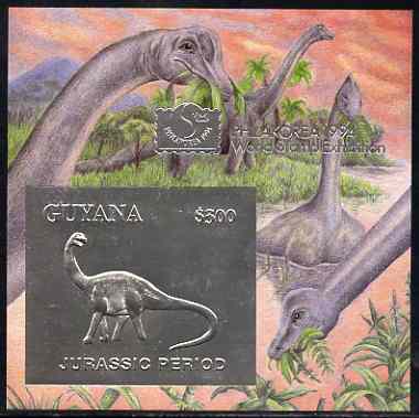 Guyana 1994 Jurassic Period #1 $300 silver foil on card m/sheet (plain edges) with Philakorea 94 logo & imprint from a limited numbered edition, stamps on , stamps on  stamps on dinosaurs, stamps on stamp exhibitions