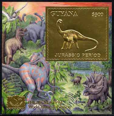 Guyana 1994 Jurassic Period #1 $300 gold foil on card m/sheet (saw-tooth edges) with Philakorea 94 logo & imprint from a limited numbered edition, stamps on , stamps on  stamps on dinosaurs, stamps on stamp exhibitions