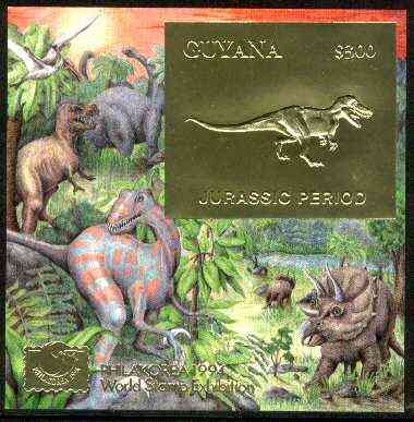 Guyana 1994 Jurassic Period #2 $300 gold foil on card m/sheet (plain edges) with Philakorea 94 logo & imprint from a limited numbered edition, stamps on , stamps on  stamps on dinosaurs, stamps on stamp exhibitions