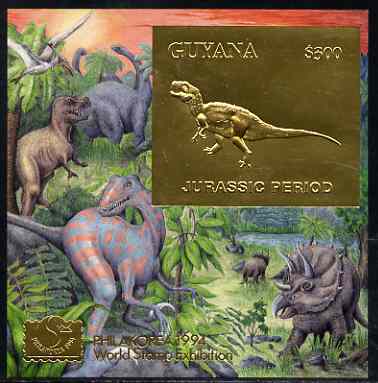 Guyana 1994 Jurassic Period #3 $300 gold foil on card m/sheet (plain edges) with Philakorea 94 logo & imprint from a limited numbered edition, stamps on , stamps on  stamps on dinosaurs, stamps on stamp exhibitions