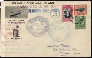 Tonga 1939 Illustrated Tin Can mail cover to Wales bearing 3 pictorials with the usual cachets back and front, cover folded with small tear but a most attractive tri-colo..., stamps on postal