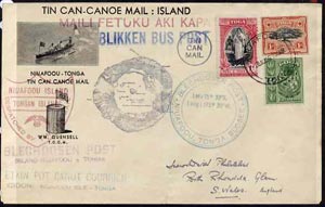 Tonga 1939 Illustrated Tin Can mail cover to Wales bearing 3 pictorials with the usual cachets back and front, cover folded with small tear but a most attractive tri-colour franking, stamps on , stamps on  stamps on postal