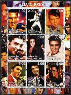 Tadjikistan 2001 Elvis Presley perf sheetlet containing 9 values fine cto used, stamps on , stamps on  stamps on music, stamps on  stamps on personalities, stamps on  stamps on elvis, stamps on  stamps on entertainments, stamps on  stamps on films, stamps on  stamps on cinema