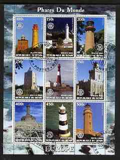 Benin 2003 Lighthouses of Europe perf sheetlet containing 9 values each with Rotary Logo fine cto used, stamps on lighthouses, stamps on rotary