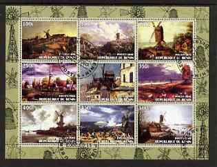 Benin 2003 Paintings of Windmills #01 perf sheetlet containing 9 values fine cto used, stamps on windmills, stamps on arts