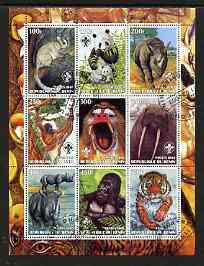 Benin 2003 Wild Animals perf sheetlet containing 9 values each with Scout Logo fine cto used, stamps on , stamps on  stamps on animals, stamps on  stamps on scouts, stamps on  stamps on pandas, stamps on  stamps on bears, stamps on  stamps on rhinos, stamps on  stamps on apes, stamps on  stamps on tigers, stamps on  stamps on cats