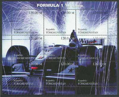 Turkmenistan 2000 Formula 1 (McLaren) perf composite sheetlet containing set of 9 values unmounted mint, stamps on racing cars, stamps on cars, stamps on motorsport, stamps on  f1 , stamps on 