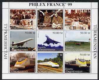 Turkmenistan 1999 Philex France '99 perf sheetlet containing set of 9 values (De Gaulle, Concorde & TGV) unmounted mint, stamps on personalities, stamps on constitutions, stamps on concorde, stamps on aviation, stamps on railways, stamps on stamp exhibitions, stamps on de gaulle, stamps on , stamps on personalities, stamps on de gaulle, stamps on  ww1 , stamps on  ww2 , stamps on militaria