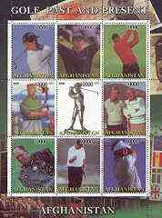 Afghanistan 2000 Golf Past and Present perf sheetlet containing set of 9 values unmounted mint, stamps on sport, stamps on golf
